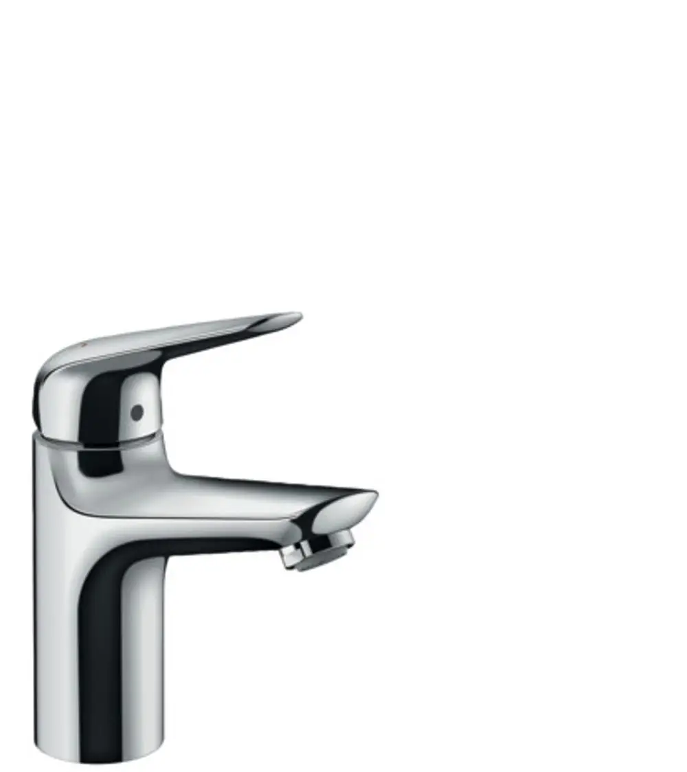 Chromfarbener Einhebel-Waschtischmischer von Hansgrohe mit seitlichem Hebel und Zugstangen-Ablaufgarnitur. Minimalistisches Design, geeignet für moderne Waschtische.